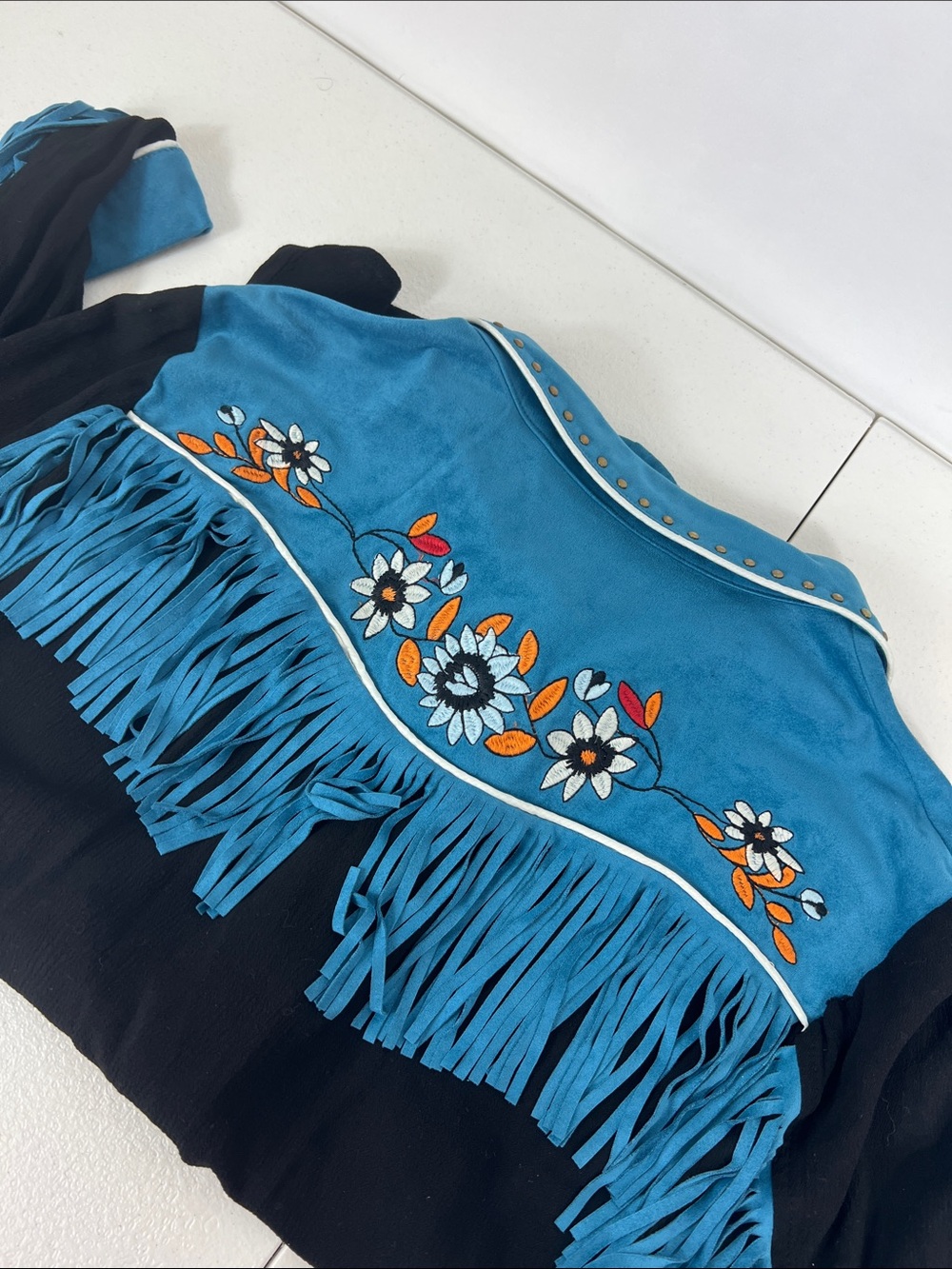 John Moon Sz XL Button Shirt Fringe Embroidered Black & Teal Cowgirl Western - Picture 12 of 12